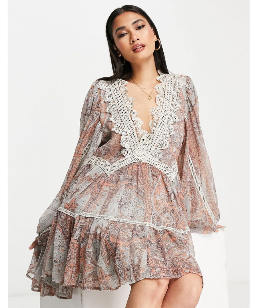 Dress by ASOS DESIGN Most grammable Paisley print Plunge neck Volume sleeves Lace detail Tie and zip-back fastening Regular fit Sold by Asos