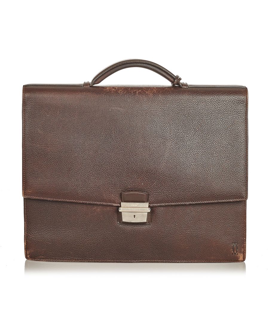 VINTAGE. RRP AS NEW. This briefcase features a leather body, an exterior back slip pocket, a flat leather top handle, a front flap with a metal push lock closure, and an interior slip pocket.Exterior back is discolored and scratched. Exterior bottom is cracked and scratched. Exterior corners is discolored and scratched. Exterior front is discolored and scratched. Exterior handle is cracked and scratched. Exterior side is discolored and scratched. Zipper is scratched.\n\nDimensions:\nLength 32cm\nWidth 38.5cm\nDepth 11cm\nHand Drop 3cm\nShoulder Drop 3cm\n\nOriginal Accessories: Key\n\nColor: Brown x Dark Brown\nMaterial: Leather x Calf\nCountry of Origin: France\nBoutique Reference: SSU133262K1342\n\n\nProduct Rating: FairCondition\n\nCertificate of Authenticity is available upon request with no extra fee required. Please contact our customer service team.