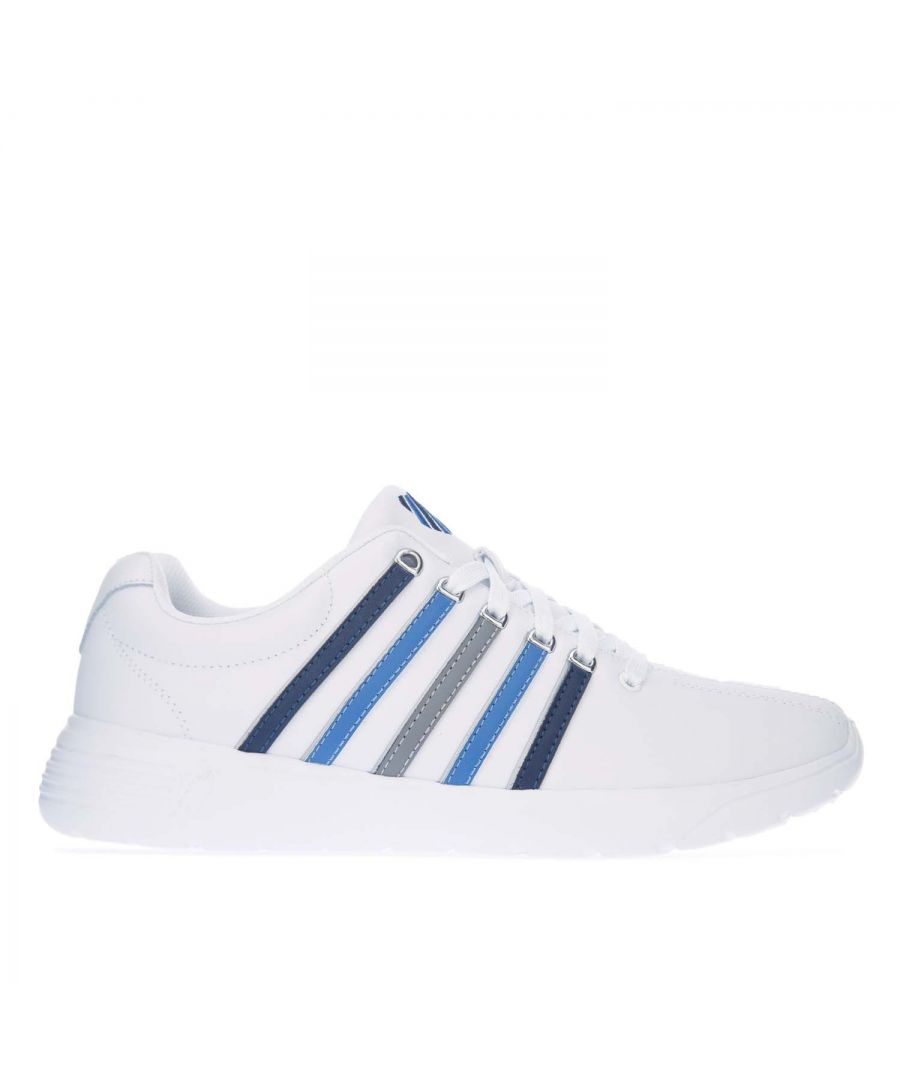 Mens K- Swiss Proactive L Trainers in white.-Leather upper.- Lace closure.- Padded tongue.- K Swiss branding to the tongue and heel.- K Swiss stripes down the side.- Memory foam cushion footbed.- Textile collar lining.- Die-cut EVA insert midsole.- Rubber outsole.- Leather upper  Textile lining  Synthetic sole.- Ref: 06165145
