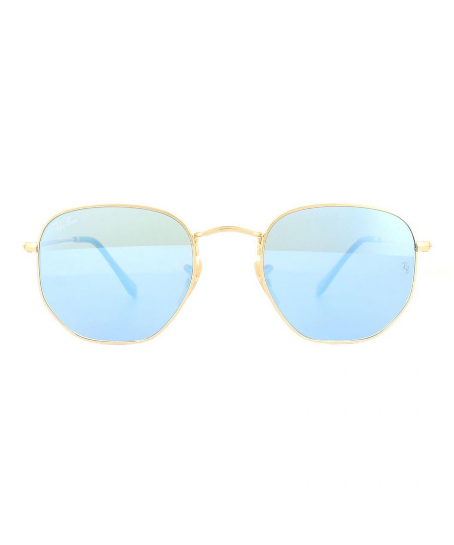 Ray-Ban Sunglasses Hexagonal 3548N 001/9O Gold Light Blue Gradient Mirror 54mm are a very unique hexagonal shaped frame and feature the latest flat crystal lenses for a updated version of the classic metal round sunglasses. Super thin temples and coined profile to the frame finish the modern fashionable look.