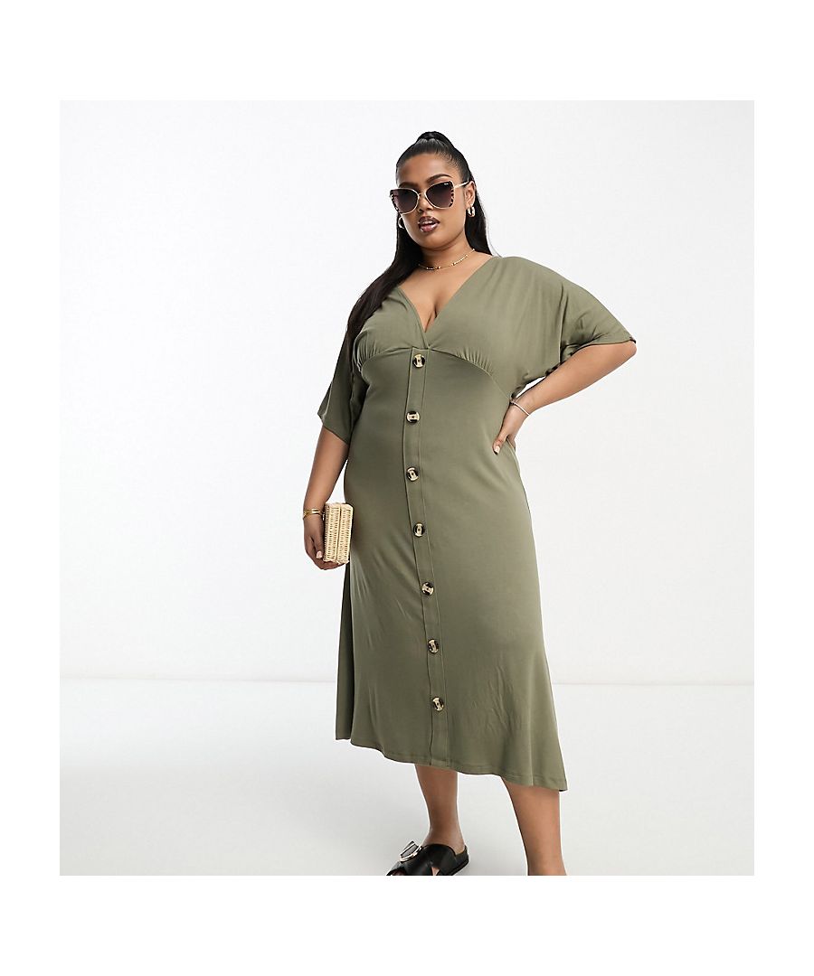 Asos Curve Womens Design Flutter Sleeve Midi Tea Dress With Buttons In Khaki-Green - Size 24 Uk