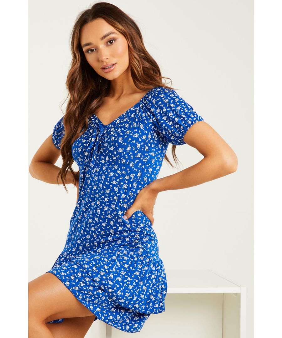 Image for Blue Floral Puff Sleeve Dress