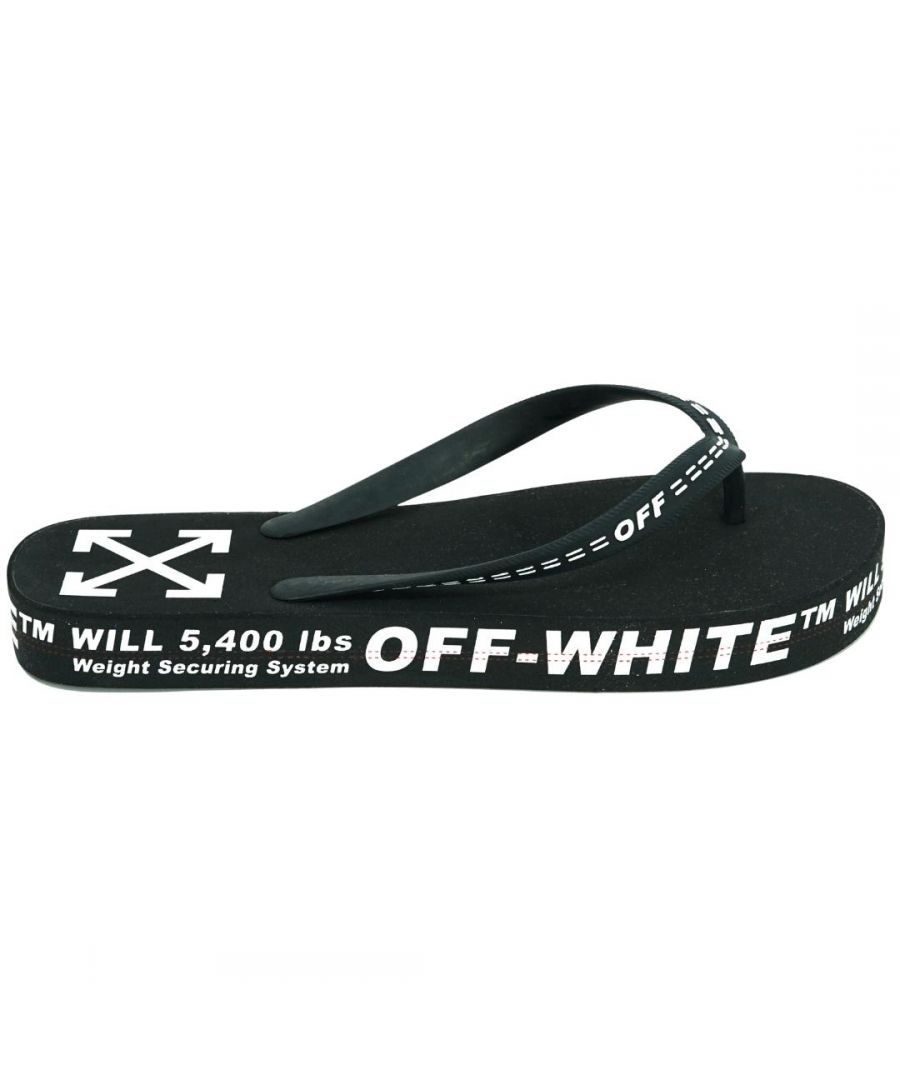 Off-White Typographic Logo Black Flip Flops. Off-White Black Sandal. Off-White Logo Around Shoe. 100% Rubber. Arrow Design on Heel. Style Code: OMIA131R20D270011000