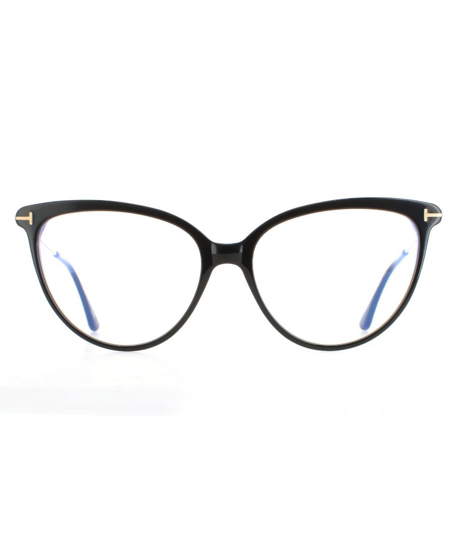 Tom Ford Cat Eye Womens Shiny Black FT5688-B  FT5688-B are a stylish cat eye style crafted from lightweight acetate. Signature Tom Ford Ts wrap around the corner flick and along the metal temple. These ready to wear glasses have blue light block lenses that help to prevent and reduce eye strain against long exposure to digital devices.