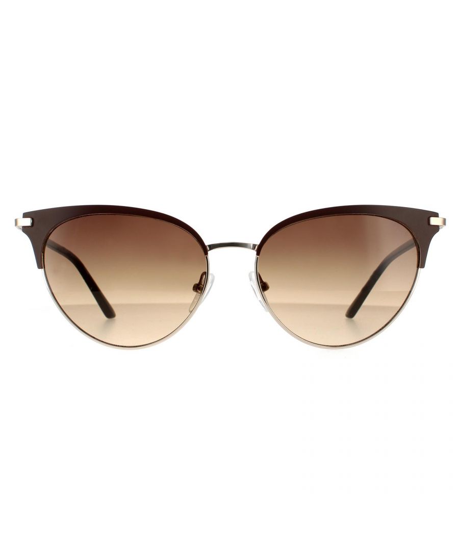 Calvin Klein Cat Eye Womens Satin Brown Brown Gradient Sunglasses CK19309S are a gorgeous metal cat's eye style with a two-tone colour shift to the top and bottom of the frame.  The Calvin Klein lettered logo adorns metal temple detailing to great effect.