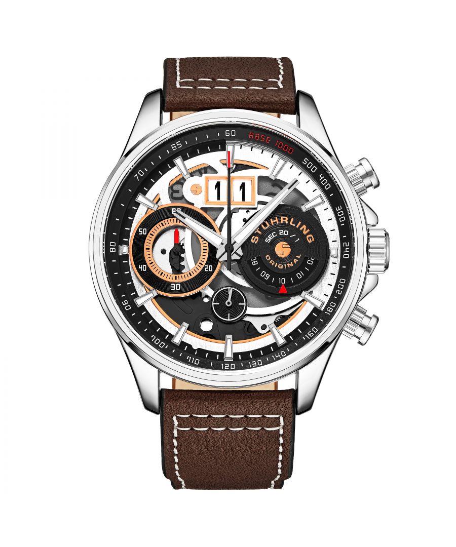 Men's Quartz watch, silver case, chronograph, big date, black and white skeleton dial, brown leather strap