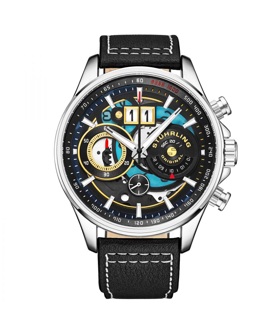 Men's quartz watch, silver case, chronograph, big date, black and blue skeleton dial, black leather strap