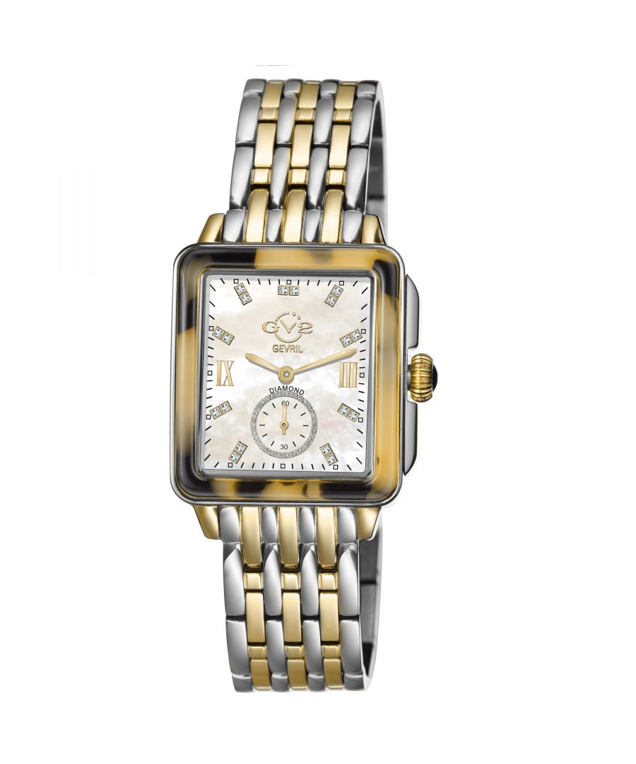 The picturesque city of Bari Italy provided the inspiration for the popular ladies GV2 Bari Collection Known throughout the world as the city of St Nicholas, it is no surprise that the historic town would continue to inspire the designers.\nThe new line extension retains the Bari’s sophisticated rectangular mother-of-pearl dial embellished with eighteen glittering diamonds indices; adding a well placed 60-second sub dial. This Bari collection has been fitted with a beautiful pumpkin shape crown.\nGV2 9247B WoMens Bari Tortoise Swiss Quartz Diamond Watch\n\nGV2 WoMens Swiss Watch from the Bari Collection\n37 mm Square 316L Stainless Steel Tortoise Case/ Push Pull Crown\nWhite MOP dial with 18 diamonds Single Cut G/H Color\nSecond Hand Sub Dial\nTwo-toned SS/IPYG Bracelet with Deployment Buckle\nAnti-reflective Sapphire Crystal\nWater Resistant to 50 Meters/5ATM\nSwiss Quartz Movement Ronda 1069