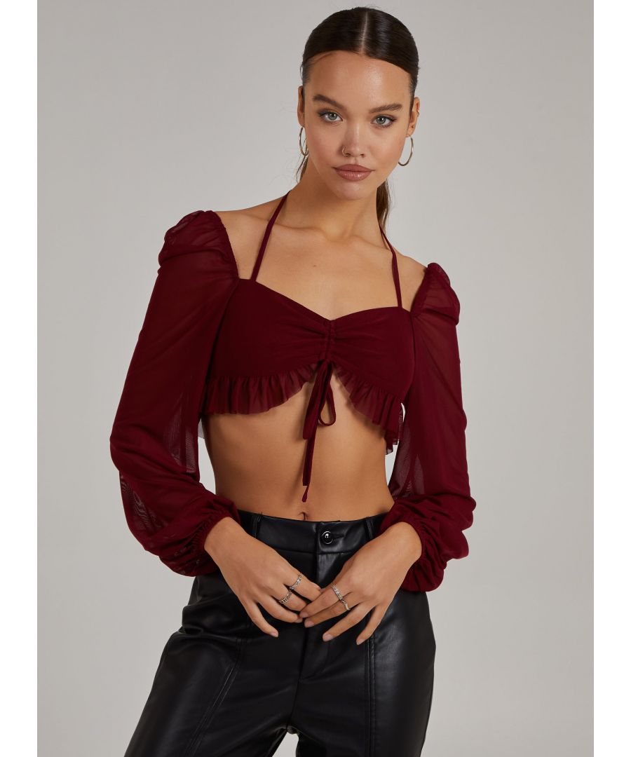 Pink Vanilla Womens Long Sleeve Halterneck Crop Top - Burgundy Fur - Size 12 UK