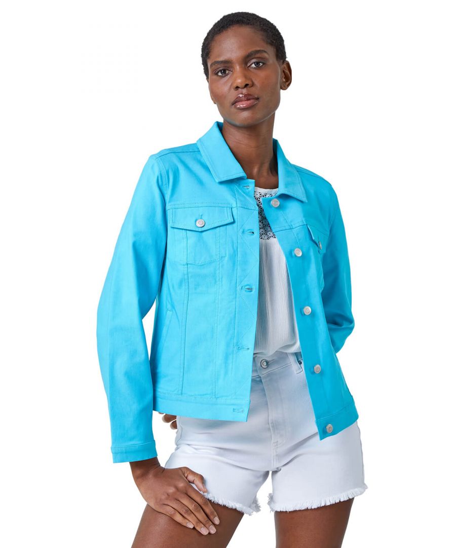 Roman Womens Summer Stretchy Jacket Denim Style - Turquoise - Size 14 UK