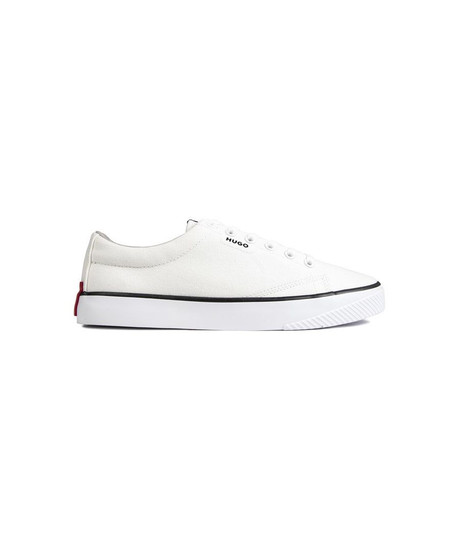 Mens white Hugo dyer trainers, manufactured with leather and a rubber sole. Featuring: branded metal eyelets, branded quarter, taping to tongue and heel, reinforced heel and padded collar and tongue.