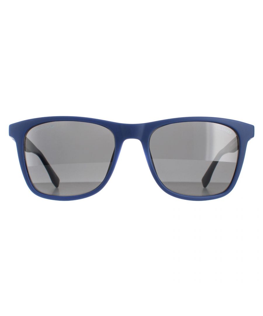 Lacoste Rectangle Mens Matte Blue Grey Polarised  L860SP  L860SP are a classic rectangle style crafted from lightweight acetate.  Slender temples feature the Lacoste alligator logo for brand authenticity.