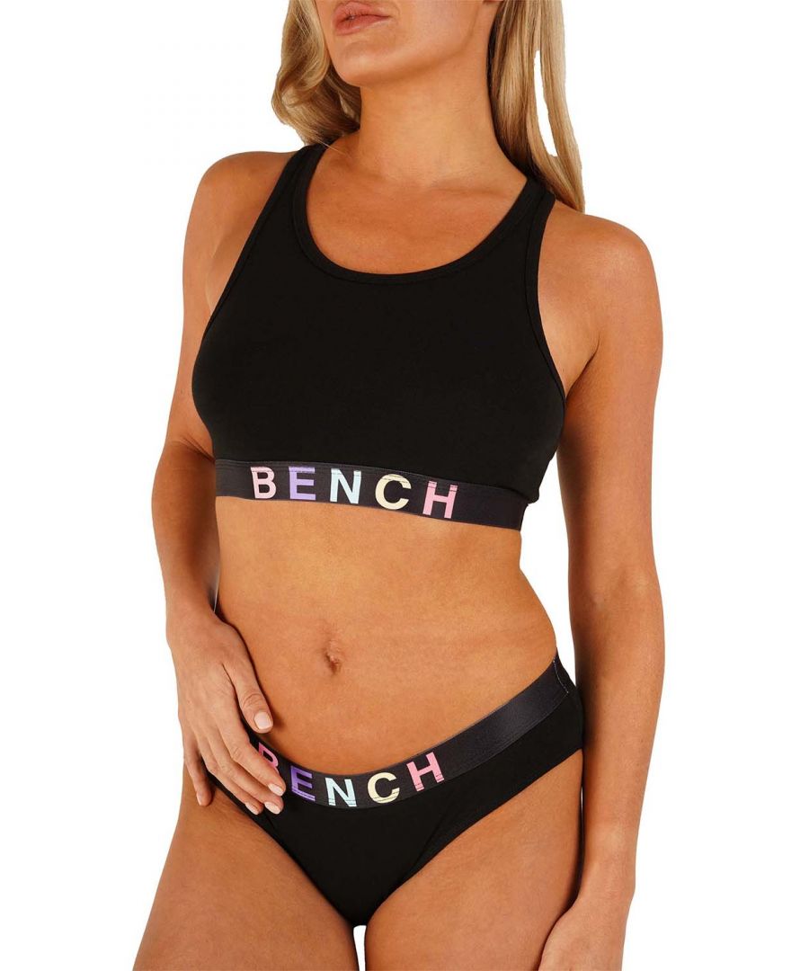 The ‘Amaya’ crop top and brief set from Bench is made from a soft cotton rich fabric to keep you comfortable all day long. This set includes a racerback crop top with elasticated underband and a matching pair of briefs with an elasticated waistband. Both items feature a rainbow logo detail adding the perfect pop of colour.