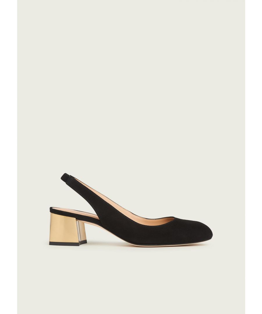 An modern take on a classic slingback, our Trudy slingbacks feature a chic gold heel. Crafted in Spain from beautiful black suede, they have a round toe, a gold block heel and an elasticated slingback. Wear them with tailored trousers or a mini skirt and a knit for a playful, Sixties' feel.