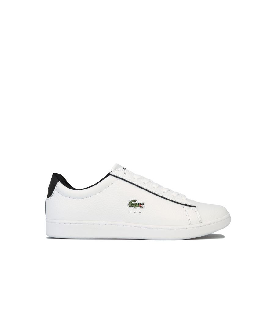 Mens Lacoste Carnaby Evo Tumbled Leather Trainers in white - black.<BR><BR>- Premium tumbled leather upper.<BR>- Lace up fastening with comfortable flat laces.<BR>- Padded collar and tongue.<BR>- Piqué-inspired mesh lining.<BR>- Removable Ortholite sockliner for comfort and odour control.<BR>- Rubber cupsole with stitching.<BR>- Embroidered Lacoste lettered branding at tongue.<BR>- Contrast heel patch with embossed crocodile.<BR>- Embroidered crocodile to side.<BR>- Leather upper  Textile lining  Synthetic sole.<BR>- Ref: 7-39SMA0061147