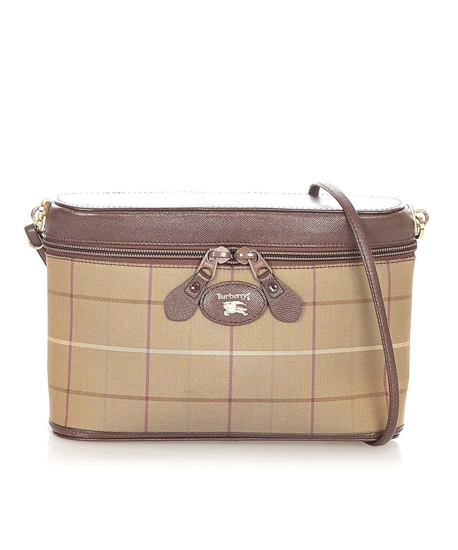 VINTAGE. RRP AS NEW. This crossbody bag features a plaid canvas body, a detachable flat leather strap, and a top zip around closure.Exterior back is discolored. Exterior bottom is discolored. Exterior corners is discolored. Exterior front is discolored. Exterior handle is discolored. Exterior side is discolored.\n\nDimensions:\nLength 13cm\nWidth 19.5cm\nDepth 10cm\n\nOriginal Accessories: Shoulder Strap\n\nColor: Brown x Light Brown x Brown x Dark Brown\nMaterial: Fabric x Canvas x Leather x Calf\nCountry of Origin: UNITED KINGDOM\nBoutique Reference: SSU173122K1342\n\n\nProduct Rating: GoodCondition\n\nCertificate of Authenticity is available upon request with no extra fee required. Please contact our customer service team.