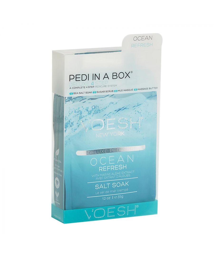 Voesh Ocean Refresh Deluxe 4 Step Pedicure In A Box with Algae & Peppermint.  The Cleanest And Most Hygienic Spa Pedicure Solution. Enriched With Key Ingredients To Give Your Feet The Nutrition It Needs. Each Product Is Individually Packed With The Right Amount For A Single Pedicure.\n\nThe Perfect Pedi For:\nDIY At-Home Pedicure\nDate Night\nBachelorette Parties\nGirls’ Night In\n\nThe kit contains:\nSea Salt Soak: This soak helps relieve tension, stiffness, minor aches and discomfort in your feet. It helps detox and deodorize the feet.\nSugar Scrub: The scrub gently exfoliates dead skin cells and helps soften your feet. Perfect for use on the soles on your feet.\nMud Masque: The masque removes deep-seated impurities in your skin leaving your feet feeling clean and revived.\nMassage Cream: The massage cream hydrates and soothes skin. It softens the soles of your feet and helps prevent dryness and roughness.\n\n4 Step Includes\nSea Salt Soak 35g: to detox & deodorize the feet.\nSugar Scrub 35g: to gently exfoliate dead skin.\nMud Masque 35g: to deep cleanse impurities.\nMassage Butter 35g: to hydrate and soothe skin.