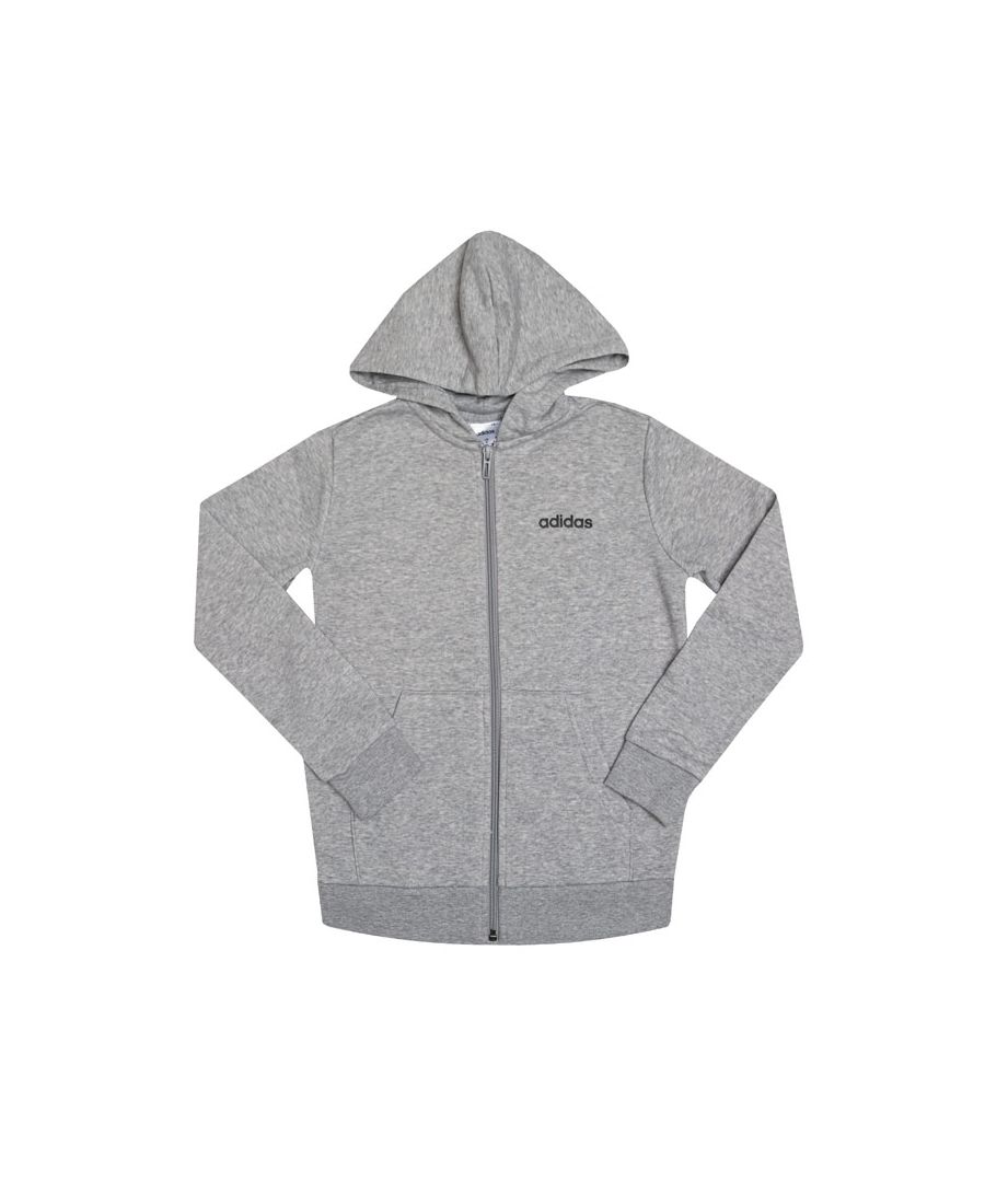 Infant Boys adidas Essentials Linear Zip Hoody in grey heather.- Lined hood.- Full zip fastening.- Long sleeves.- Kangaroo pockets.- Ribbed cuffs and hem.- Contrast logo on the back and chest.- Regular fit.- Main material: 70% Cotton  30% Polyester (Recycled). Hood  Lining: 100% Cotton.  Machine washable. - Ref: DV1819I