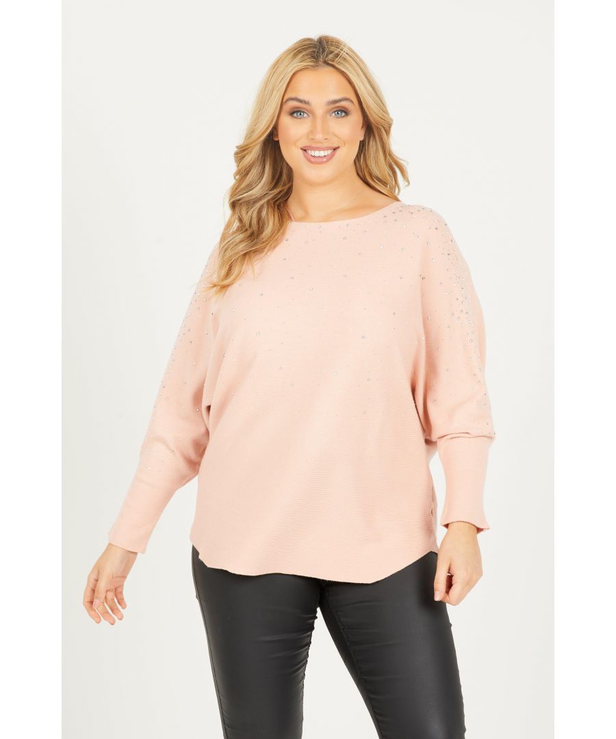 Image for Curve Pink Knit Diamante Batwing Jumper