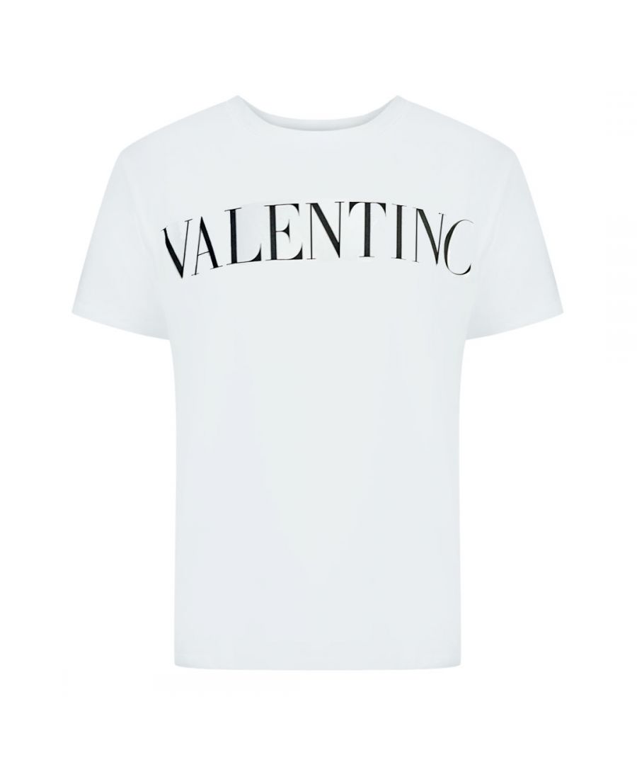 Valentino Large Branded Logo White T-Shirt. This Valentino T-Shirt features Large Branded logo, printed on a comfortable cotton-blend short-sleeved tee. Perfect for casual wear or everyday occasions.. Regular Fit Style, Fits True To Size, Valentino White Tee. 100% Cotton, White tee With Short Sleeves. Valentino Design On Front, Crew Neck. WVOMG10W7SS A01