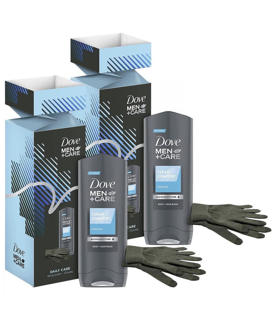 Finding it difficult to pick the perfect gifts for the men in your life? Dove gift sets provide the care he deserves to help give him strength and confidence. Gift your loved one a double dose of care with the Dove Men+Care Daily Care Body Wash & Gloves Gift Set. It's your way of showing him you care and keeping him feeling comfortable and protected all day long.\n\nDove Men+Care celebrates a new definition of male strength one with care at its centre. Because Dove Men+Care believes that care makes a man stronger, this gift set pairs a Dove Men+Care Clean Comfort Face & Body Wash 400 ml with a stylish pair of gloves. The Dove Men+Care Gloves included in this gift set have touch-sensitive fingertips that enable him to use his touchscreen phone while wearing them. Help him take care of his skin and keep his hands warm with this set of gifts.\n\nDove Men+Care means skin care products engineered for men, so you know he’ll have comfortable, cared-for skin that’s reliably fresh all day. No matter the occasion, give him the gift of self-care with this set of gifts from Dove.\n\nBody + Face Wash 400ml: Dove Men+Care Clean Comfort Body and Face Wash, with MicroMoisture technology, hydrates your skin to leave it healthy and protected against dryness. This highly effective formula rinses off easily to deliver a refreshing clean and total skin comfort. Dove Men+Care Clean Comfort Body Wash uses unique MicroMoisture technology, which activates lathering, helping to lock in your skin’s natural moisture and leaving skin feeling hydrated.\n\nGift Set Includes:\n1x Dove Men+Care Clean Comfort Body+Face Wash, 400ml\n1 Pair of Dove Men+Care Touch Sensitive Gloves