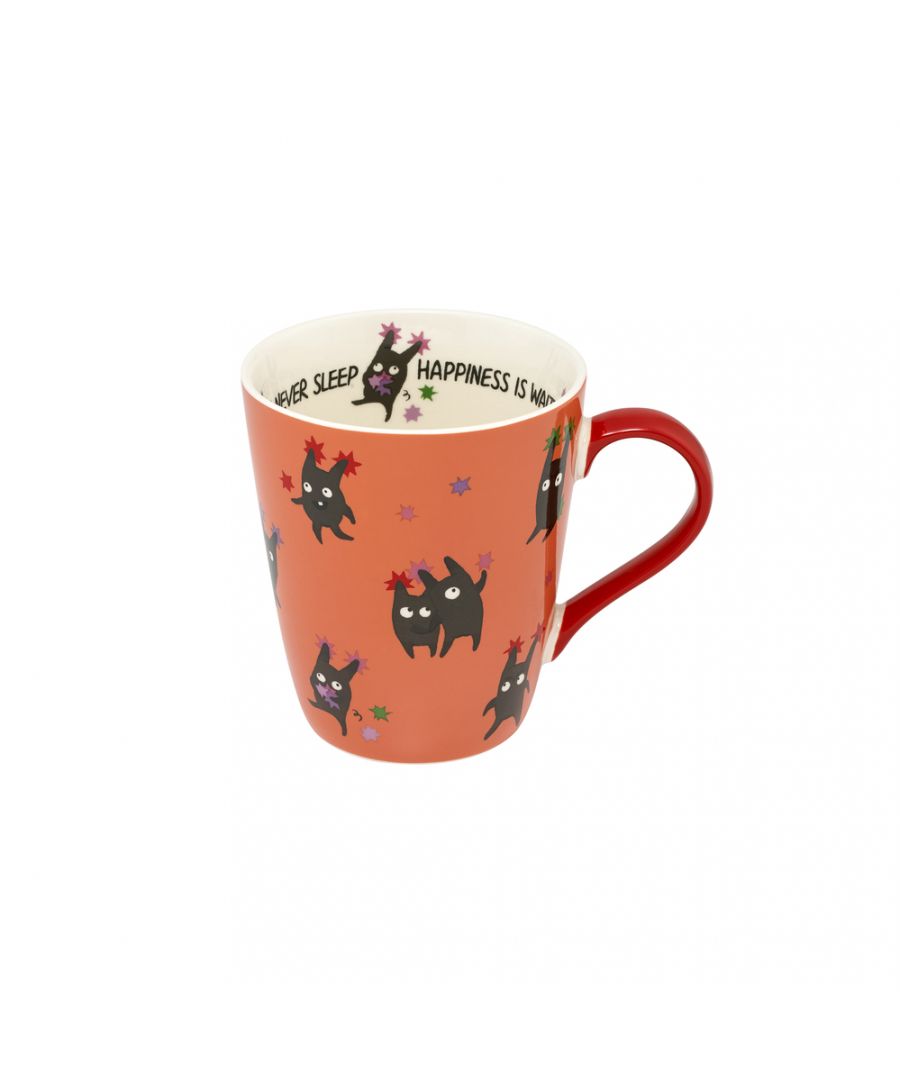 If you like your hot drinks super-sized, then our beloved, best selling Stanley shape is the mug for you. This Cath classic is made from hard-wearing, dishwasher- and microwave-safe stoneware, and holds close to half a litre of tea, coffee or hot chocolate. This one features our playful Dreamgifters print, with a bright red painted handle and the words - We never sleep, happiness is waiting, inscribed on the inside rim.