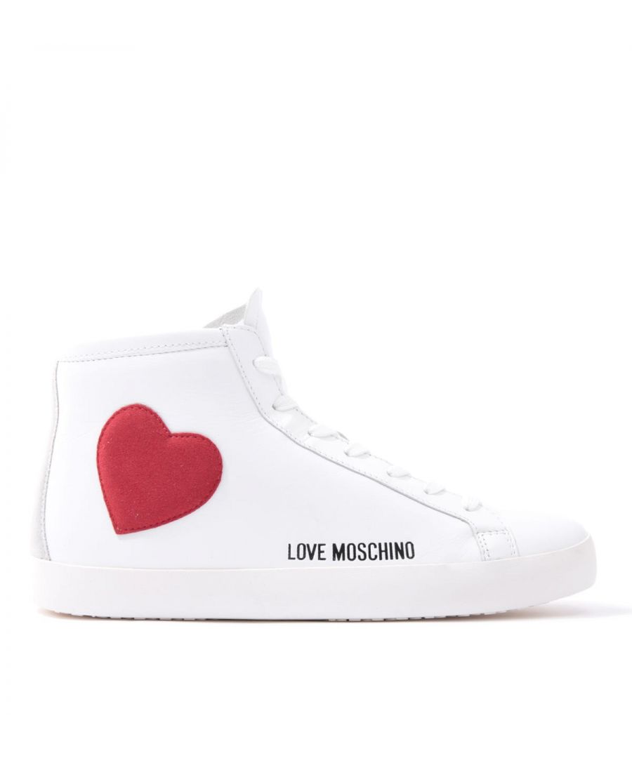 Step up your luxury footwear game, with the Women\'s Heart High Top Trainers from Love Moschino. Infused with standout and playful style these premium trainers are constructed from faux leather upon a chunky rubber cupsole. Featuring a classic high-top design with striking details from the iconic heart and logo print for a signature Love Moschino look. Faux Leather Upper, Textile Lining, Rubber Cupsole, Seven Eyelet Lace Up, Zip Fastenings, Love Moschino Branding.
