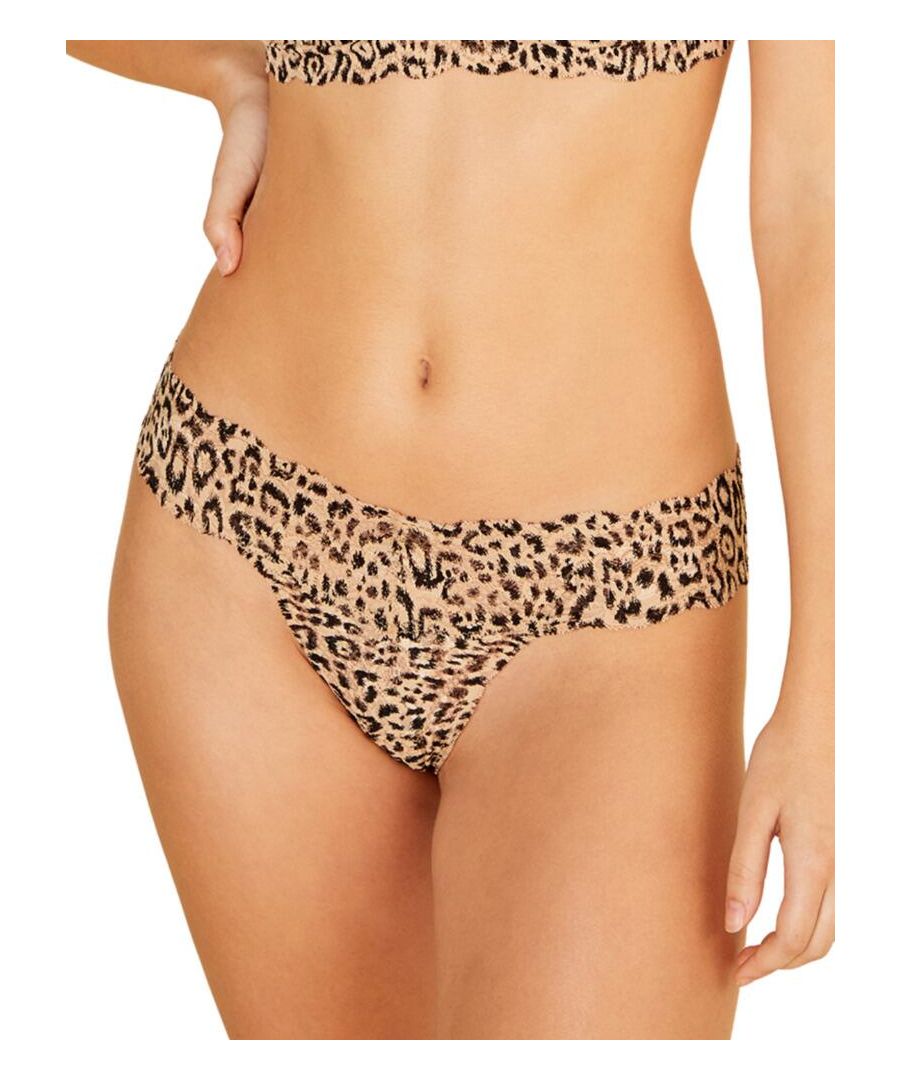 Spice up your lingerie drawer with this animal-inspired thong from Cosabella's Never Say Never Printed range. It is crafted from a soft Italian lace that is elastic free for a super all-day comfort. The fabric is also stretchy and semi-sheer for a barely-there feel. The low rise waist and cheeky rear give a delicate appearance, all finished with a breathable cotton lined gusset for added softness.\n\nFeminine and comfortable design\nSemi-sheer, stretch lace with animal print\nElastic-free, soft fabric Low rise waist\nMinimal rear coverage\nCotton lined gusset\nComposition: 91% Polyamide | 9% Elastane\nListed in UK sizes