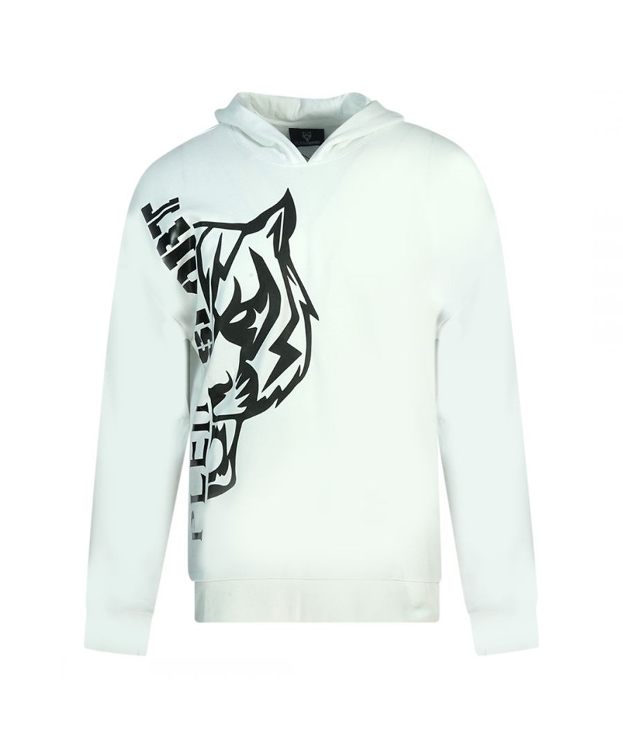 Witte hoodie met logo aan de zijkant van Plein Sport. Philipp Plein sport witte hoodie. 52% katoen, 48% polyester. Grote Plein-branding aan de zijkant. Normale pasvorm, valt normaal qua maat. Stijlcode: FIPSC1312 01