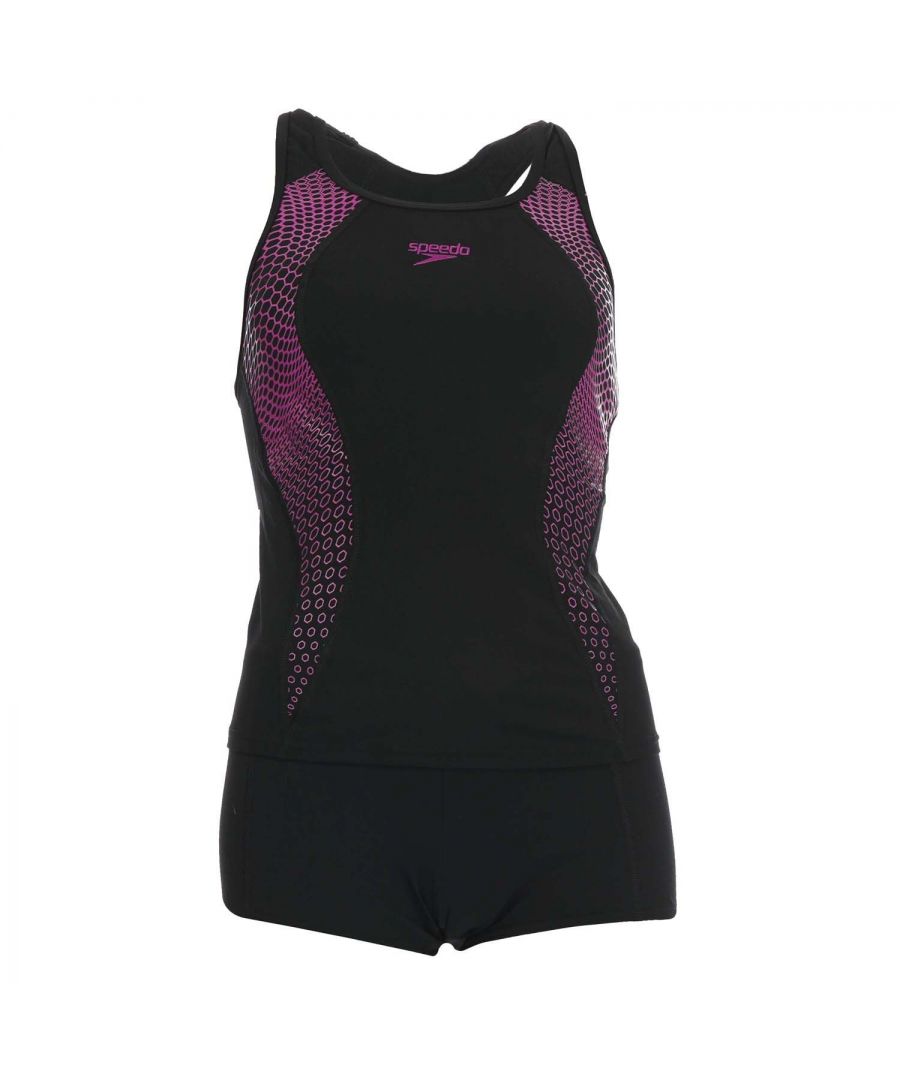 Womens Speedo Racerback Boyleg Tankini in black - purple.- Racerback design.- 100% Chlorine resistance.- Light bust support .- Flattering side panels feature a modern purple print design.- Quick dry - dries faster after your swim workout.- Endurance +.- Body: 53% Polyester  47% PBT Polyester. Lining: 100% Polyester.- 812344F343Please note that returns will only be accepted if the hygiene label is still attached to the product.