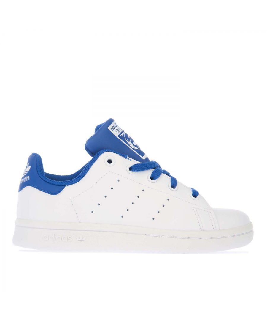 Childrens adidas Originals Stan Smith Trainers in white royal.- Leather upper.- Lace closure. - Soft feel.- OrthoLite® sockliner and Adifit length-measuring insole.- Perforated 3-Stripes.- Tonal rubber outsole.- Leather upper and lining  Synthetic sole.- Ref.: FW4490C