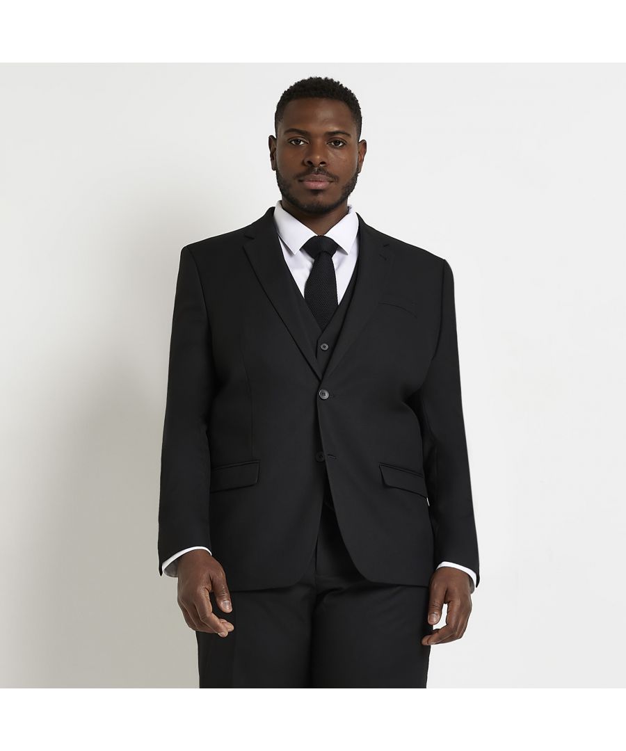 > Brand: River Island> Department: Men> Material: Polyester> Material Composition: 75% Polyester 24% Viscose 1% Elastane> Type: Suit Jacket> Style: 2 Piece> Size Type: Big & Tall> Fit: Slim> Jacket Lapel Style: Peak> Jacket Front Button Style: Two-Button> Pattern: No Pattern> Occasion: Formal> Selection: Menswear> Season: AW21