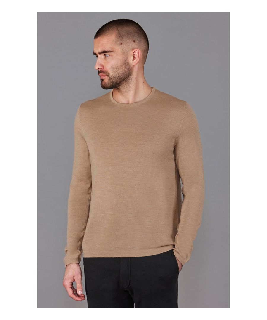 paul james knitwear mens midweight merino activewear hybrid long sleeve top in cashew - beige wool - size 2xl