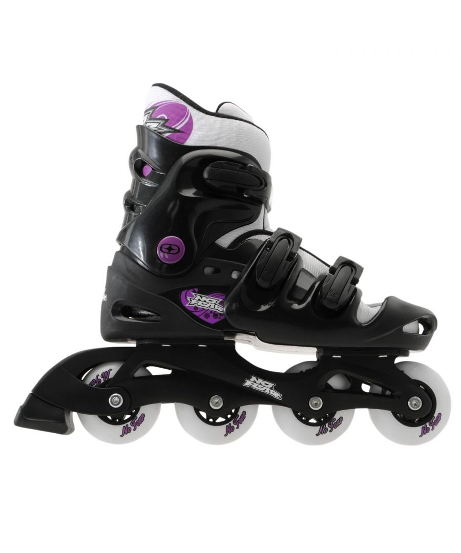 No Fear Inline Skate Womens - The No Fear Inline Skate Womens are great for anyone wanting to give skating a go and with the three clasp fastening offer great support. The skates also benefit from a separate liner to allow a comfortable skate.  > Womens Skates > PP boot chassis > Quick lock buckles > Heel stop brake (right boot only) > Push button size adjustment > 72mm PVC wheels > 608z bearings > Upper and Sole: synthetic, Inner: textile > Min user weight: 20kg > Max user weight: 60kg