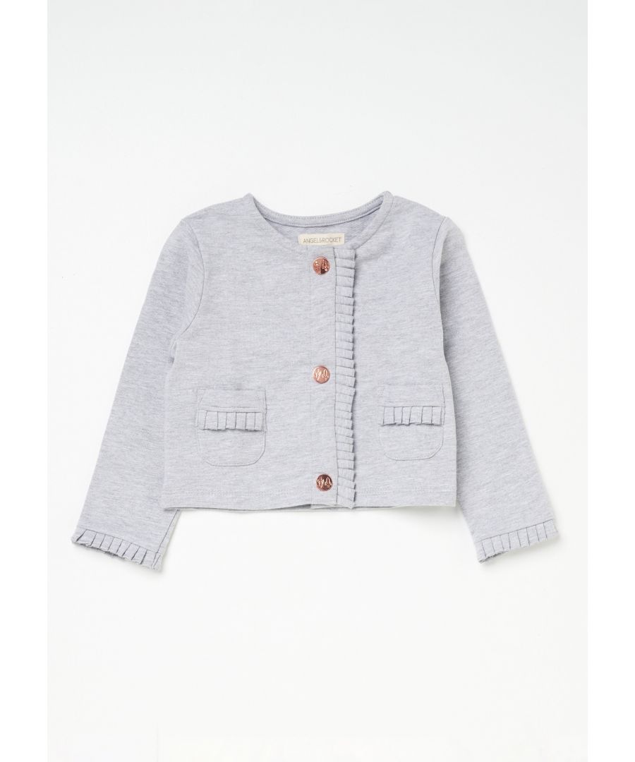 Gorgeous in grey! This lovely sweat jacket with delicate ruffles  rose gold poper  super soft fabric. It's the perfect popover!  Colour: Grey Marl  About me: 97% cotton  3% polyester  Look after me: think planet  machine wash at 30c.      