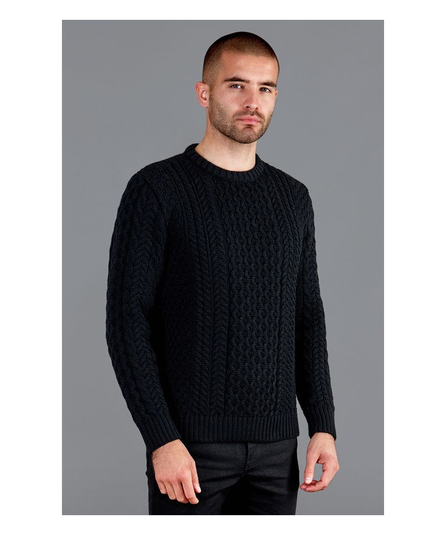 paul james knitwear mens fishermans british wool cable jumper in black - size x-large