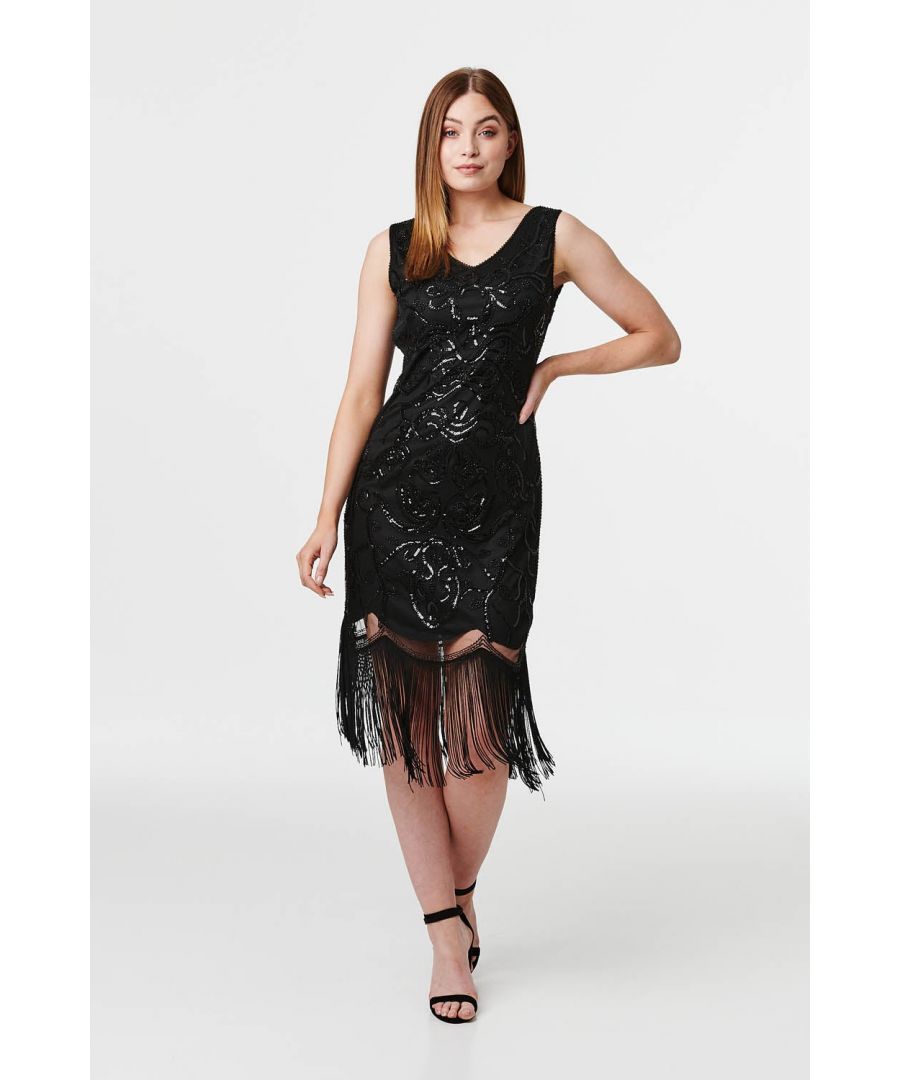 Every collection needs a glamorous evening dress like this embellished sequin slip dress. With a v-neck, sleeveless fit, a v-back detail, a delicate embroidered bodice and a midi length fringed hem. Pair with black strappy heels for a chic formal event look.