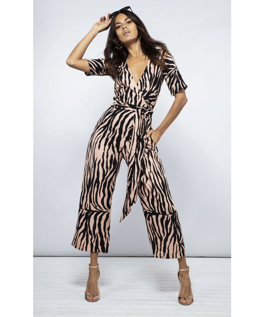 Wrap jumpsuit with sash tie, elbow length sleeves and ankle length trouser