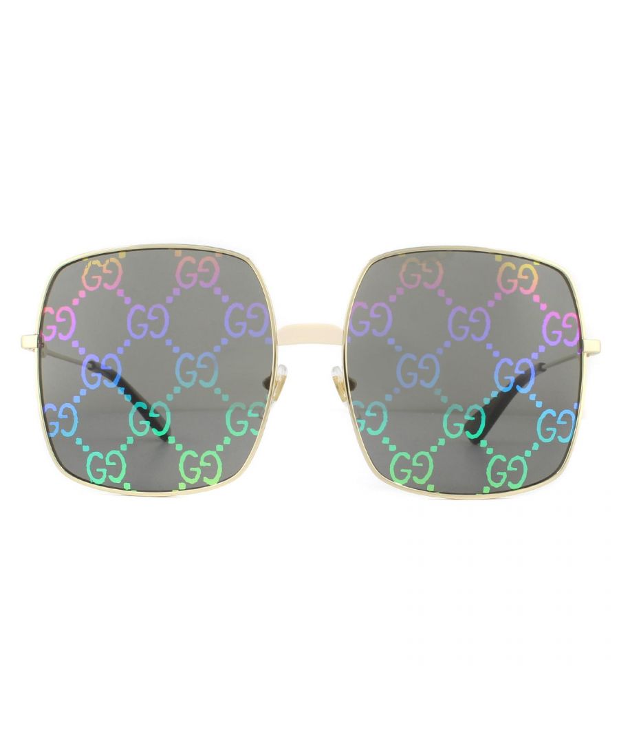 Gucci Sunglasses GG0414S 003 Gold Grey with Multicolour Gradient Mirror are a super oversized square style with a Guccify engraved frame trim. Super thin metal temples feature the interlocking GG logo and plastic temple tips are decorated with the Gucci bee.