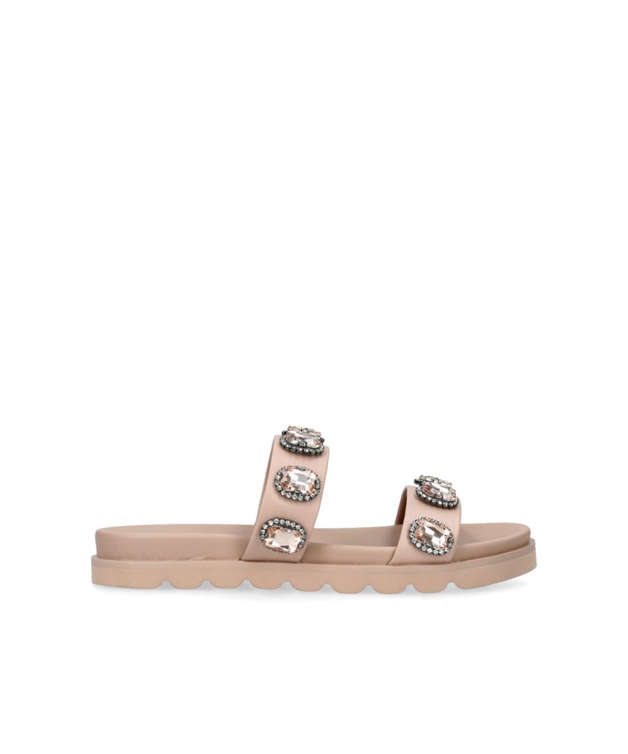 The KGL Octavia Sandal features a blush leather upper which slides on the foot. The straps are embellished with pink oval crystals.