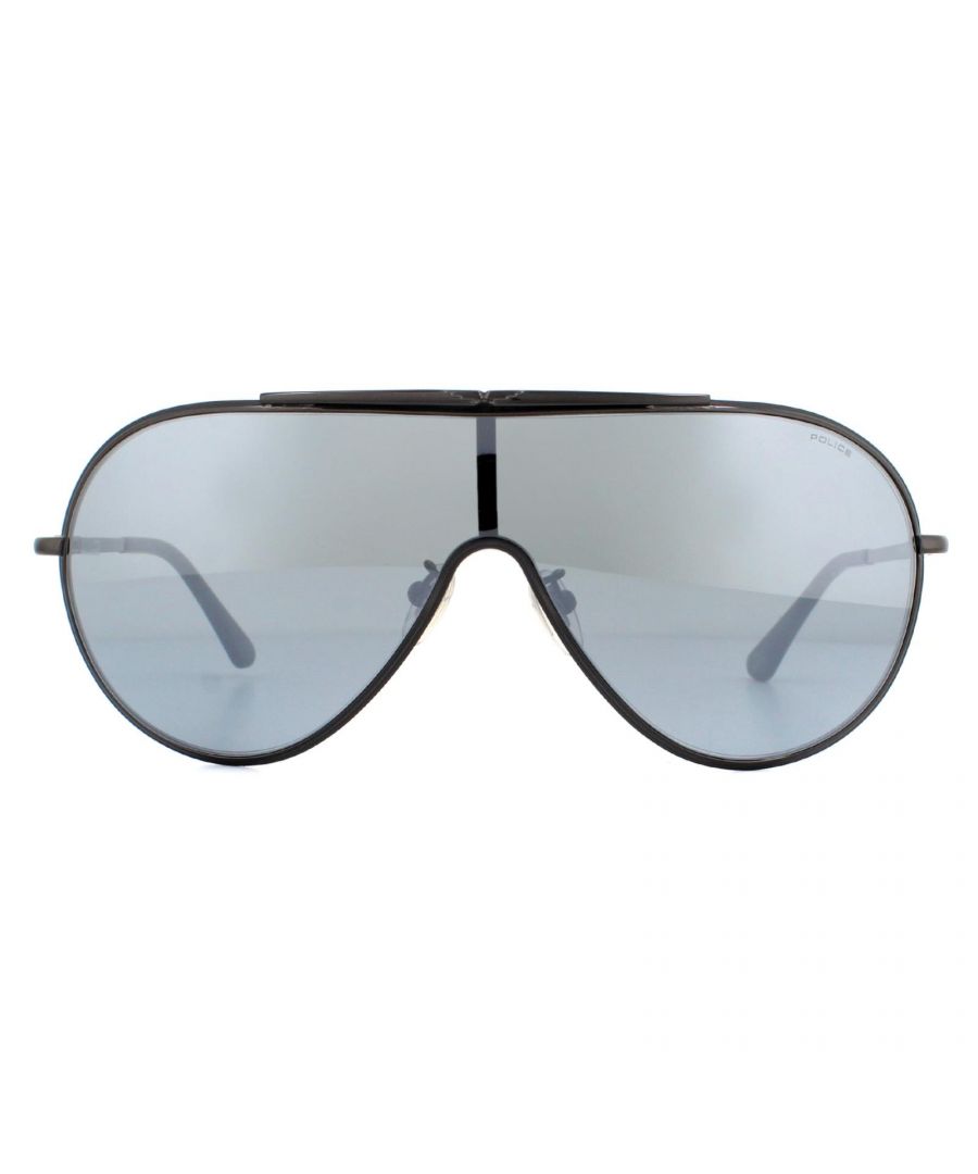 Police Sunglasses Origins 10 SPL964 F39X Ruthenium Smoke Mirror Silver are a large shield style with one large lens, a metal frame front and temples with plastic tips for comfort. Temples are decorated with the Police logo.