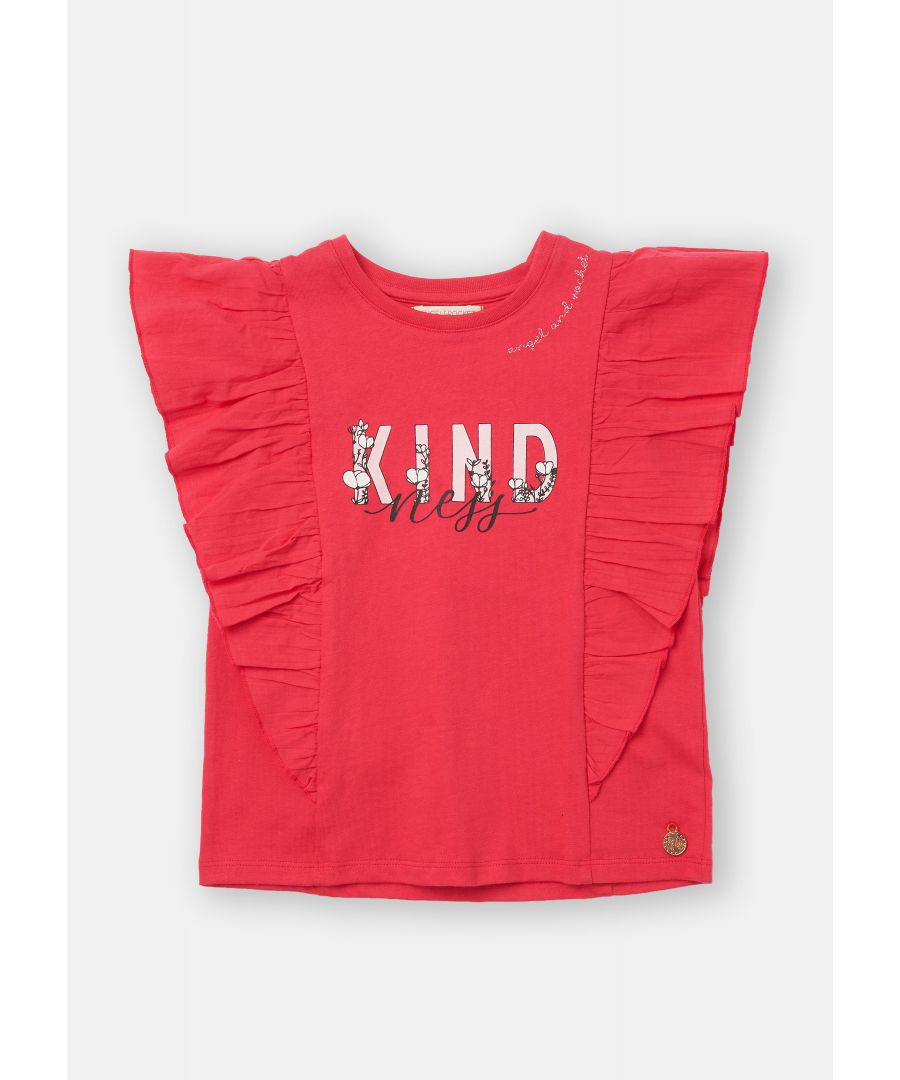 Pretty in pink! Add to your summer wardrobe with this t-shirt. Beautiful and soft in cotton jersey with woven ruffle sleeves and kindness slogan. Angel & Rocket cares – made with fairtrade cotton. Colour:   About me: 100% cotton Look after me: think planet. machine wash at 30c.