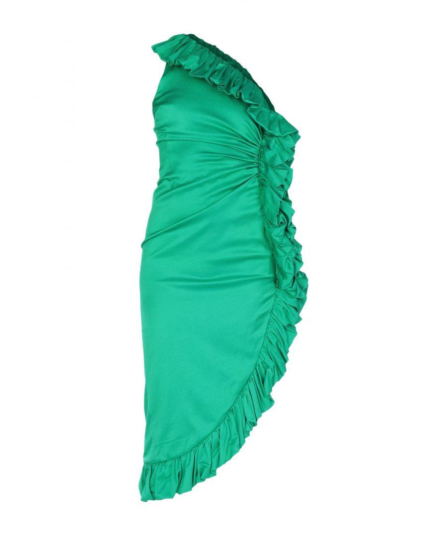 satin, ruffles, solid colour, deep neckline, one-shoulder, no pockets, side closure, zip, fully lined, stretch, pencil style