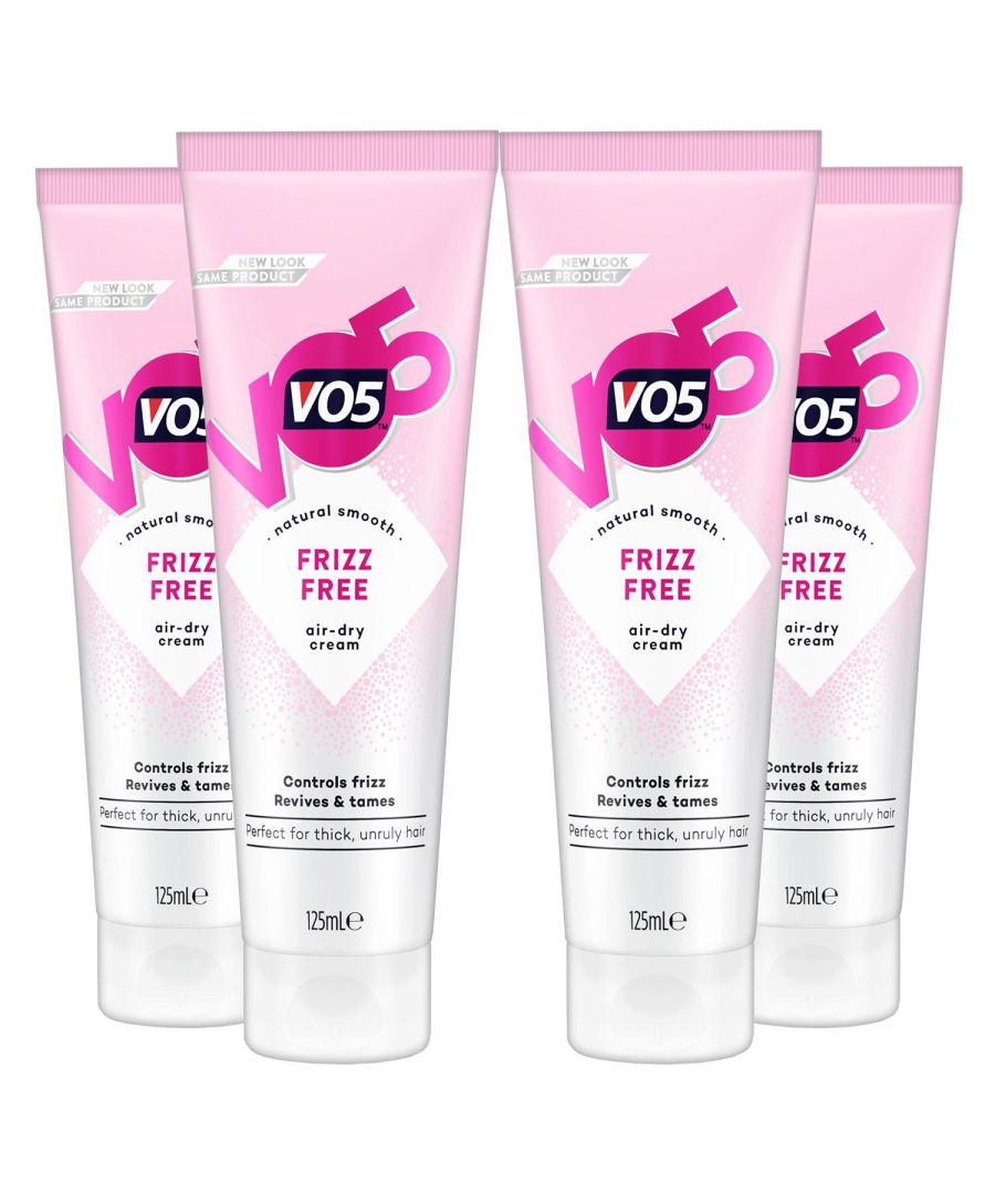 At VO5 we believe hair shouldn’t be dull, life shouldn’t be boring and you should never restrict your self-expression. VO5 Frizz Free Cream provides a super sleek finish and comes with heat defence. VO5 Frizz Free Cream is a non-sticky formulation, providing a super sleek & glossy finish with heat defence. VO5 Frizz Free Cream is a versatile product and is ideal to create either daytime or evening styles. VO5 brings you a full array of hair products and expertise to help you achieve your personal look. VO5 have trusted high-quality products, designed to achieve hair that looks and feels the way you want. VO5 can give you the latest trend-led innovations that help you express yourself and your style. VO5 has the products and expertise to help you confidently create hairstyles that express the very best of you. \n \nFeatures:\n\nCreate a smooth look.\nTame frizz and flyaways.\nControl frizz for a smooth glossy finish.\nProtect hair against damage caused by heat-styling tools.\nNon-sticky cream for smooth hair.\nEasy to work in and wash out.\n\nSpecifications:\n\nProduct Dimension: 14.5x6.5x3.5cm\nBrand: VO5\nVolume: 125ml\n\nHow To Use:\nApply to towel-dried hair. Squeeze a small amount onto the palm of your hand & smooth through your hair, avoiding the roots. Blow-dry or air-dry. Can also be used on dry hair to tame frizz. \n\nStyle Tip: \nFor natural, frizz-free waves, apply the cream, blow-dry your hair until 80% dry, and section and braid hair. Once, dry undo the braids to reveal waves.\n\nSafety Warnings: \nAvoid contact with eyes. In case of contact, rinse thoroughly with water.\nKeep out of reach of children. For external use only. \n\n\nPackage Includes:  4x VO5 Frizz-Free Hair Cream, 125ml
