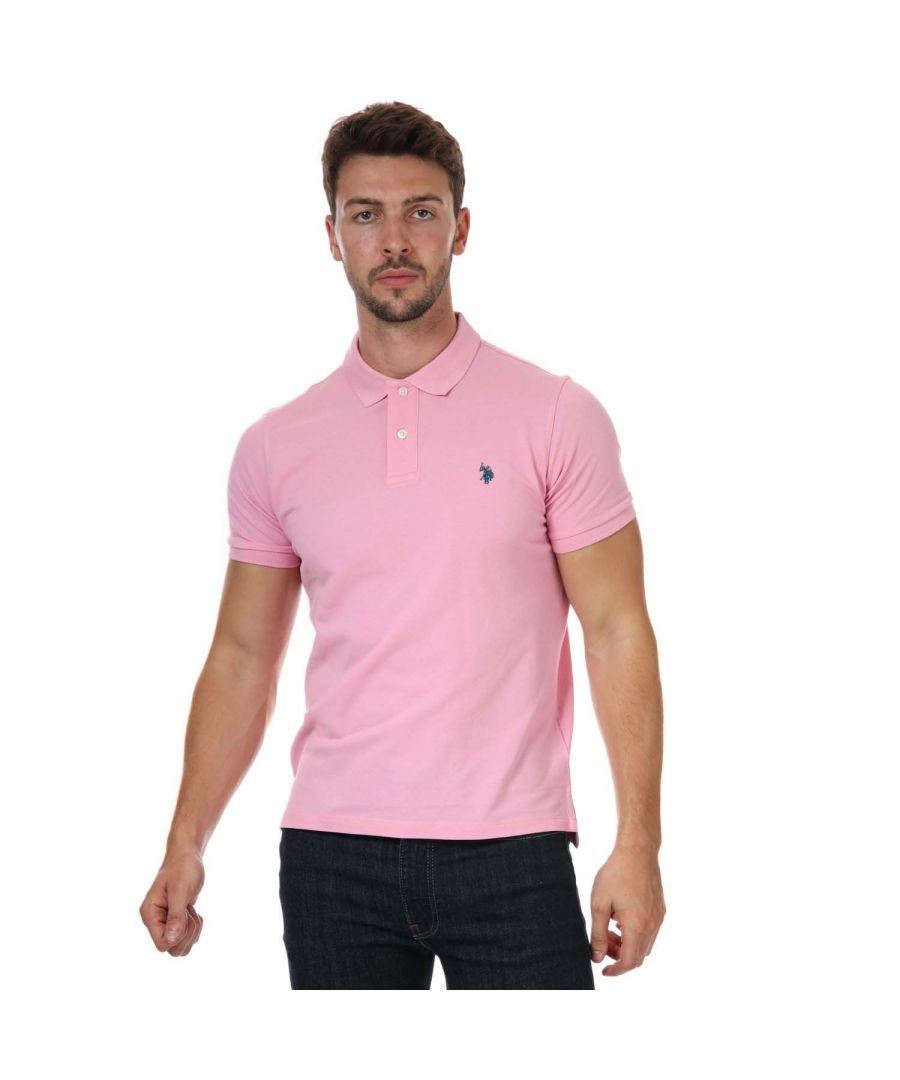 Mens US Polo Assn Pique Polo Shirt in pink.- Button down collar.- Short sleeves.- Two button placket.- Featuring the embroidered double horsemen for the USPA stamp of authenticity.- Ribbed cuffs.- 100% Cotton. - Ref: 63515205