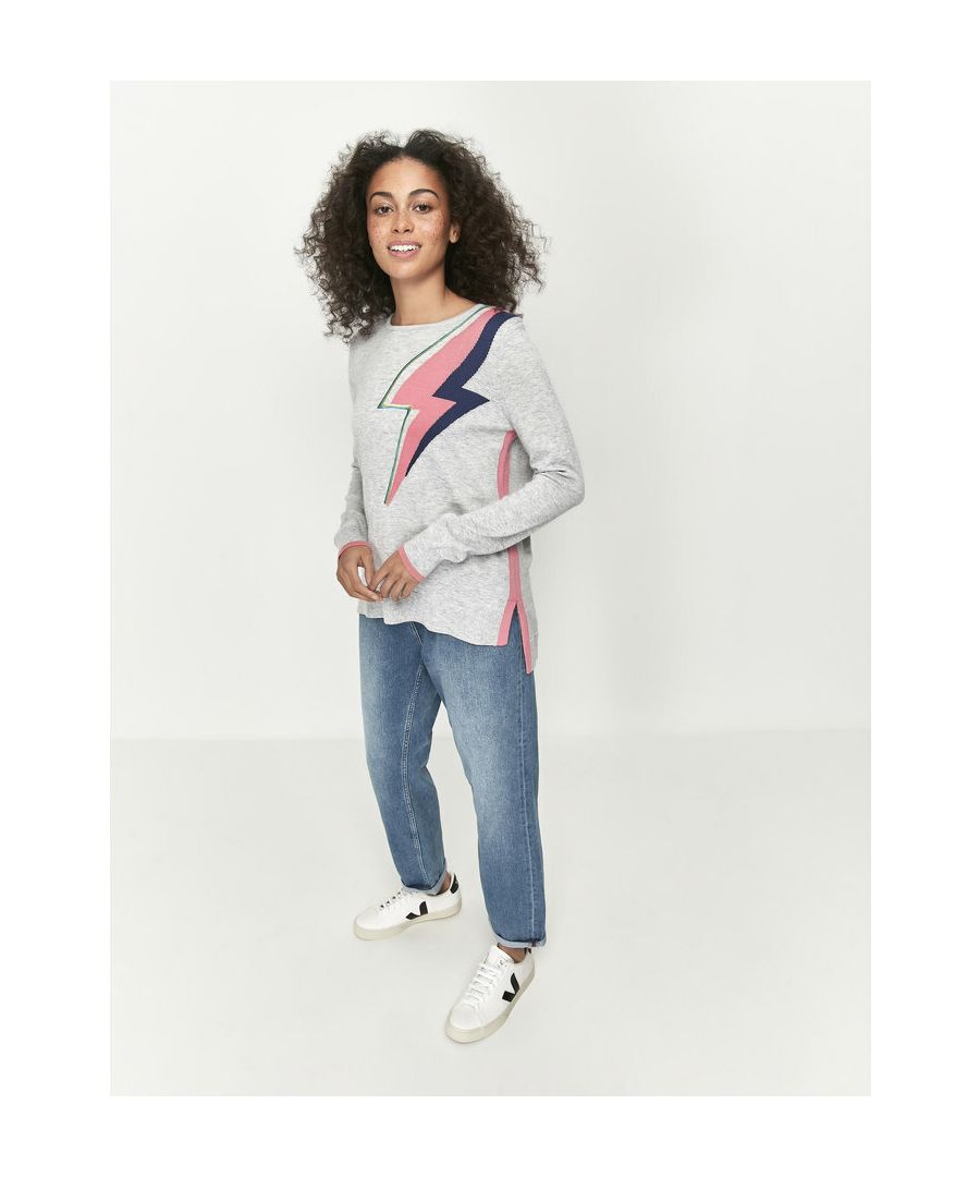 This jumper from Khost Clothing features a cosy knitted fabric, long sleeves, a round neckline, side splits, pink trim details and a lightning bolt motif. Pair with jeans and boots for a casual look.