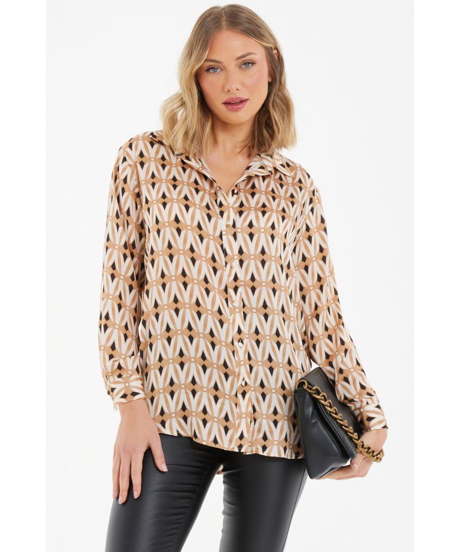 Quiz Womens Camel Geometric Print Satin Shirt - Size 10 UK