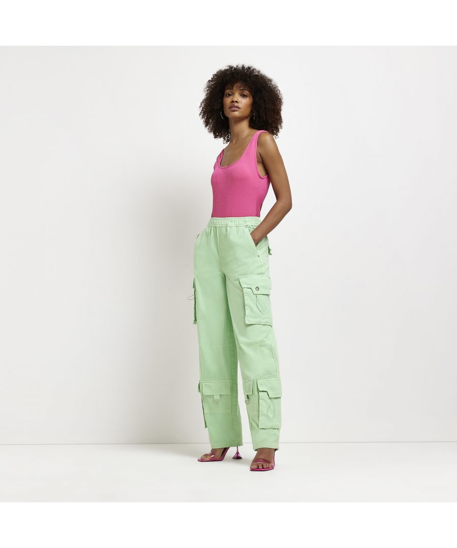 > Brand: River Island> Department: Women> Colour: Green> Type: Trousers> Style: Cargo> Material Composition: 100% Cotton> Material: Cotton> Size Type: Regular> Leg Style: Straight> Rise: High (Greater than 10.5 in)> Occasion: Casual> Pattern: No Pattern> Season: SS22