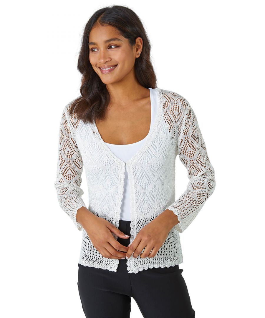 Roman Womens Knitted Crochet Shimmer Shrug - Ivory - Size 18 UK - Secret Sales