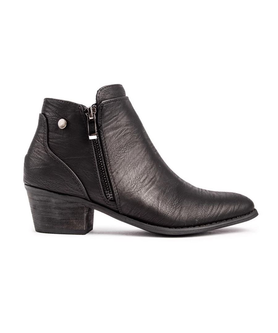 Ready To Rock The Road With These Women's Black Solesister Celine Chana Zip Ankle Boots. They Have A Faux Leather Upper With A Metal Stud Detail And A Stylish Mid Heel.